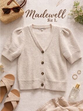 Madewell Cream Puff Sleeve Cardigan Sweater Sz L Neutral Button Front